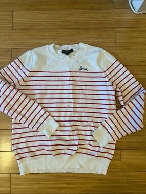Cream Crewneck Sweater with Red Stripes and 'Love' Embroidery